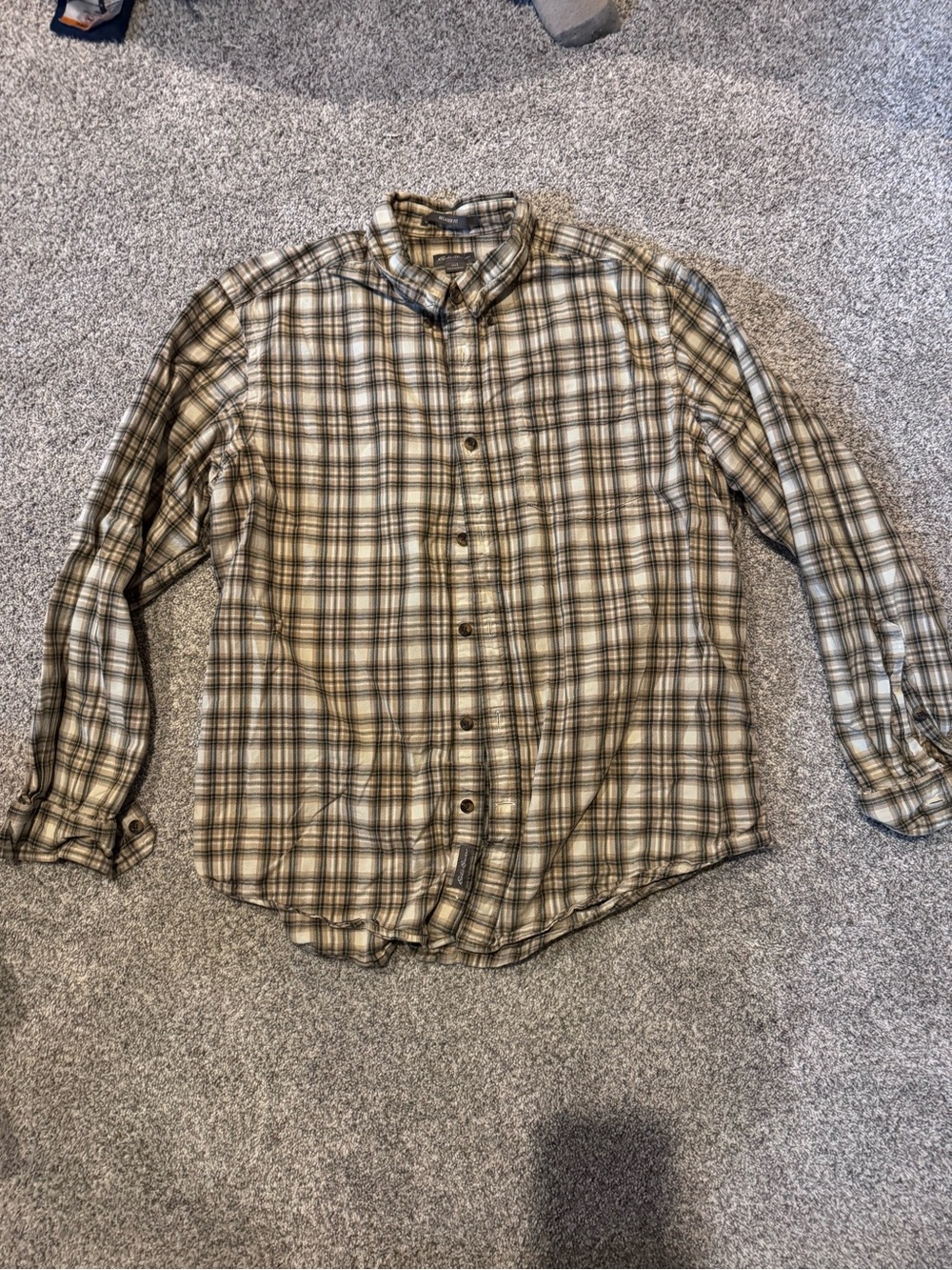 Eddie Bauer Beige and Olive Plaid Button-Down Shirt